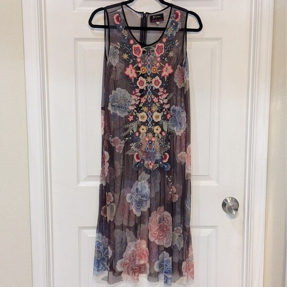 Biya X Johnny Was Women's Medium Sheer Overlay Embroidered Dress Floral Nylon - Picture 1 of 9